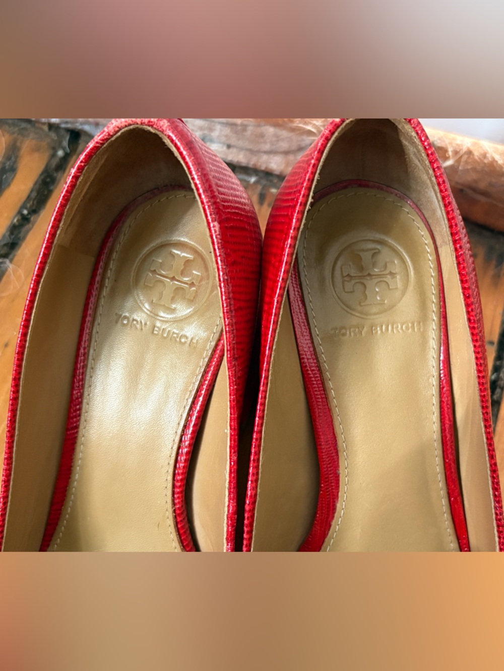 Tory Burch Kira Tassel Embossed Leather Chunky Heels Red Scarlet Ruby, Size 5.5 - Picture 7 of 9